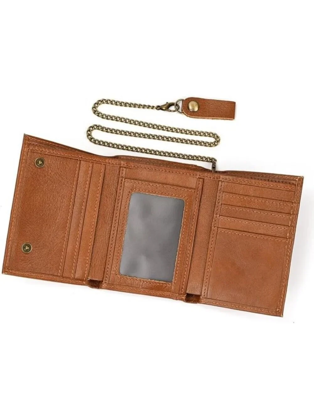 Genuine Leather Trifold Wallet with RFID Blocking & Chain for Bikers, Motorcycle